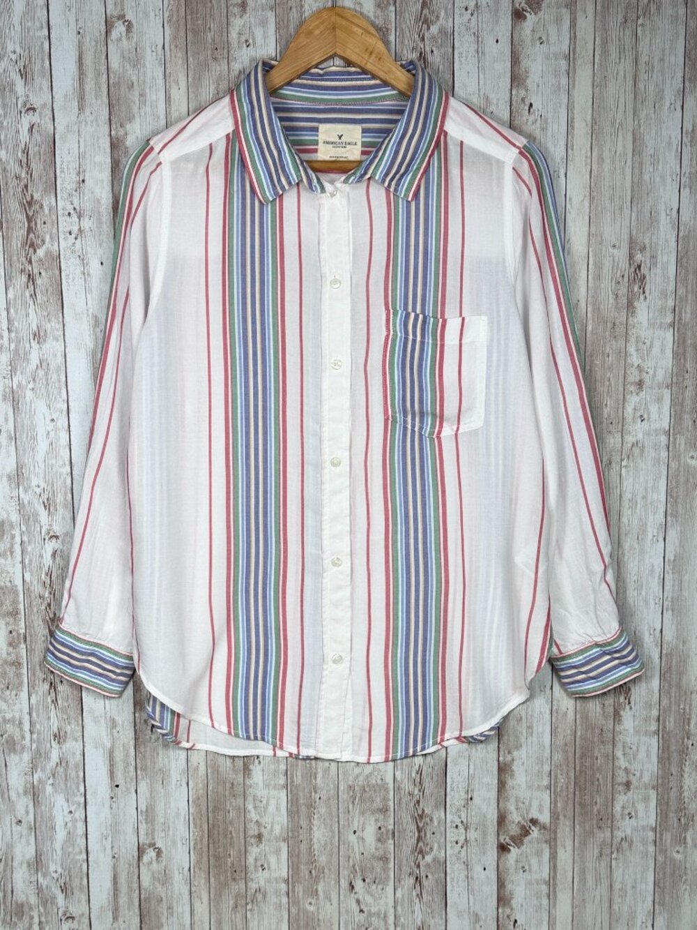 American Eagle Women's Button Down Blouse Oversized Fit sz Medium Striped Light
